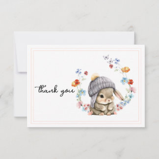 Modern Wildflower Cute Bunny First Birthday  Dankeskarte