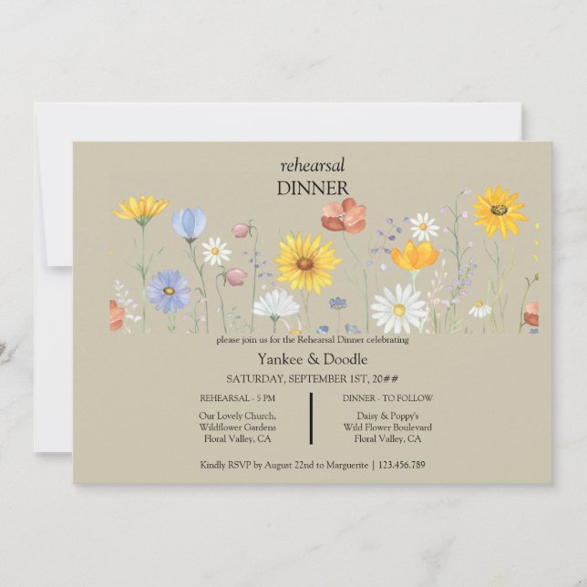 Modern wildflower spring wedding Dinner Invitation Einladung (Vorderseite)