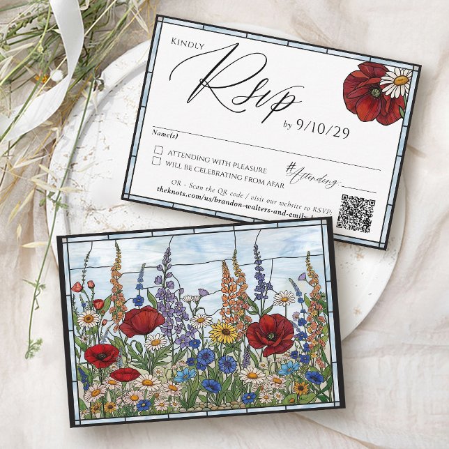 Modern Wildflower Stained Glass Floral Wedding RSVP Karte (Modern wildflower daisy sunflower red poppy stained glass QR code wedding invitation Rsvp Card)