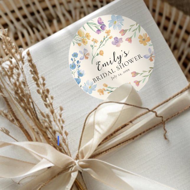 Modern Wildflower Watercolor Bridal Shower Runder Aufkleber (Von Creator hochgeladen)
