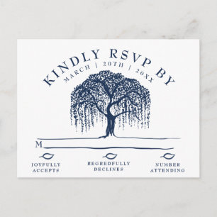 Modern Willow Tree Navy Blue Wedding RSVP Postcard Einladungspostkarte