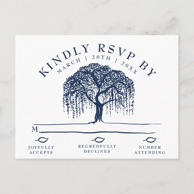 Modern Willow Tree Navy Blue Wedding RSVP Postcard Einladungspostkarte (Vorderseite)