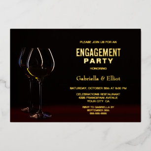 Modern Wine Glass Gold Text Engagement Party Folieneinladung
