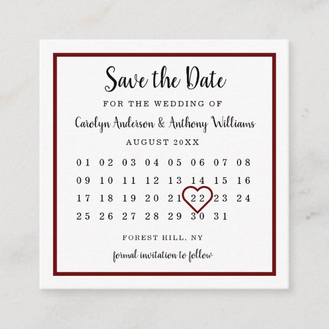 Modern Wine Red Calendar Save the Date Begleitkarte (Vorderseite)