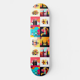Modern Wine Set Silhouette Collage - Bold Colorful Skateboard