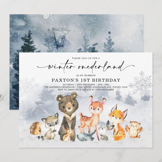Modern Winter Onederland Wald Birthday Einladung (Vorne/Hinten)