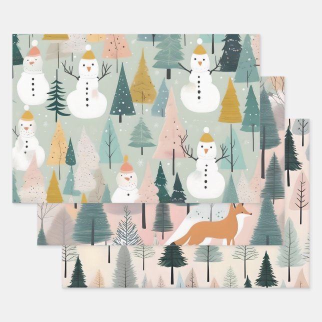 Modern Winter Pastel Snowman Foxes & Trees Grüntön Geschenkpapier Set (Set)