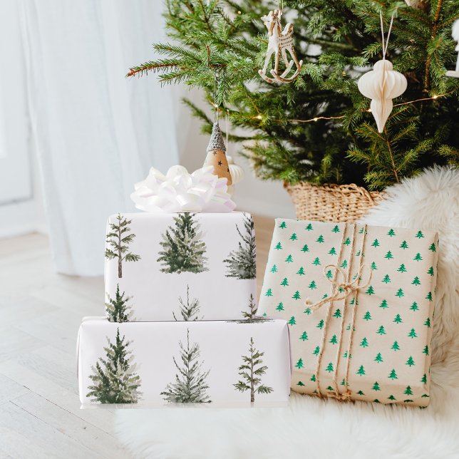 Modern Winter Pine Green Watercolor Tree Wrapping Geschenkpapier (Von Creator hochgeladen)