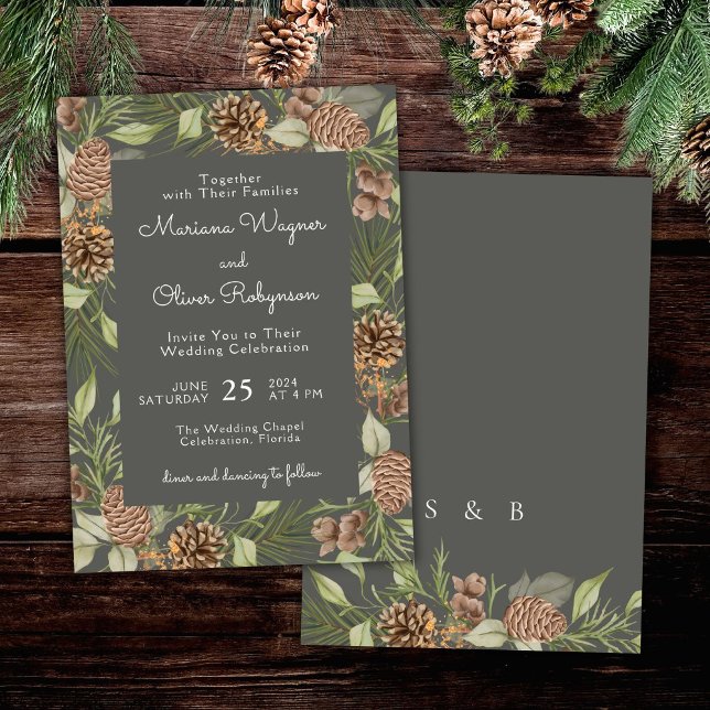 Modern Winter Pine Stone Gray Hochzeit Einladung (Von Creator hochgeladen)