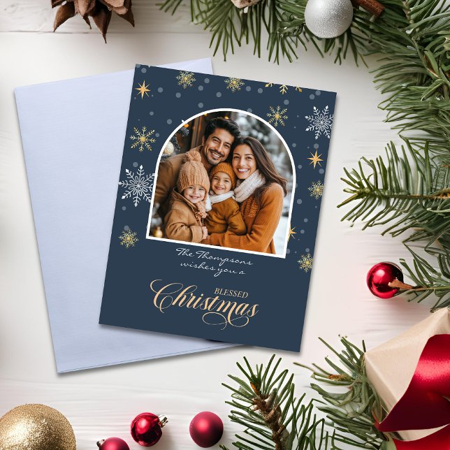 Modern Winter Snowflakes Foto Navy Blue Weihnachte Karte (Von Creator hochgeladen)