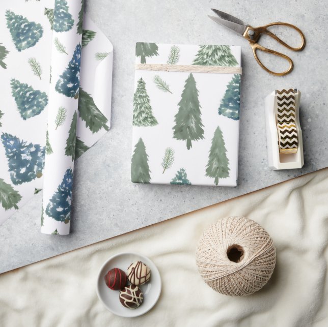 Modern Winter Wasserfarben Pine Green Tree Weihnac Geschenkpapier (Kunsthandwerk)