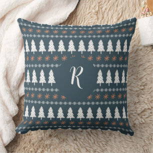 Modern Winter Weihnachtsbaum Muster Monogramm Grau Kissen