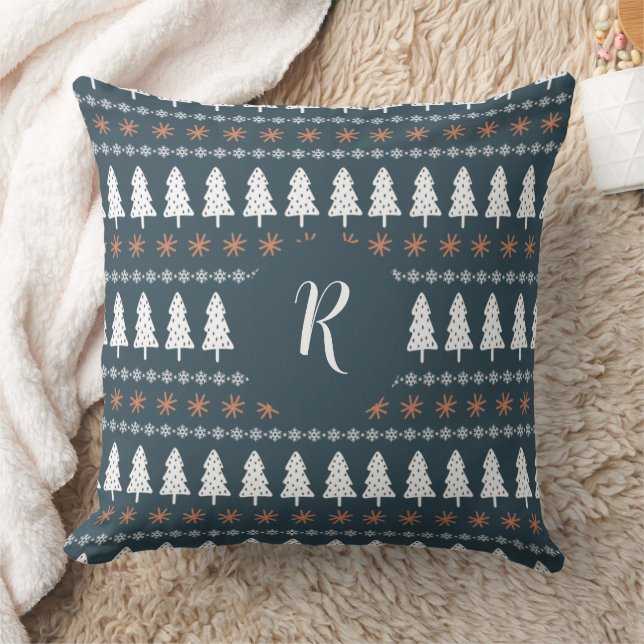 Modern Winter Weihnachtsbaum Muster Monogramm Grau Kissen (Decke)