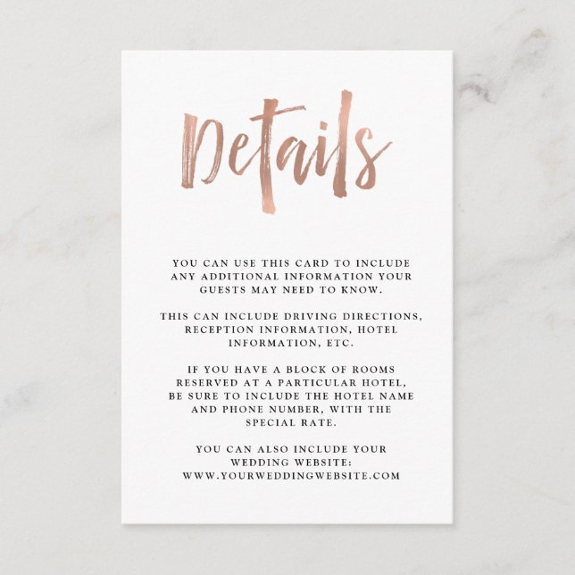 Modern Wish | Imitate Rose Gold Wedding Guest Deta Begleitkarte (Vorderseite)
