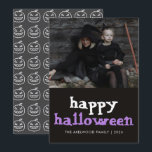 Modern Witchy Aesthetic Halloween Family Photo Feiertagskarte<br><div class="desc">Share your spookiest family memories with this modern witch-inspired photo card featuring whimsical hand-drawn typography. The stylish jack-o-lantern pattern on the reverse adds a professional designer touch to your personalized Halloween greetings.</div>