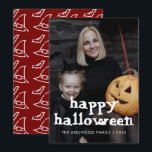 Modern Witchy Hat & Bats Halloween Family Photo Feiertagskarte<br><div class="desc">"Capture the magic of the season with this whimsical witch-themed photo card featuring bold typography and a playful hat-and-bat pattern on the reverse. Easily personalize it with your favorite family photo and name for a uniquely spooky greeting that friends and family will love."</div>