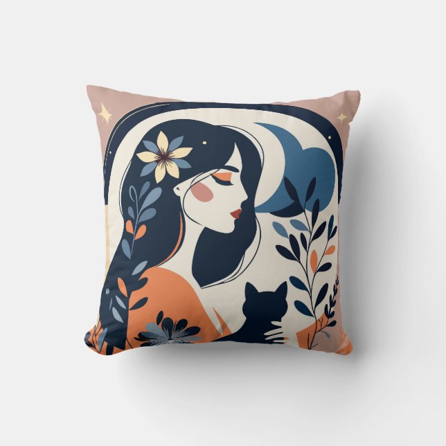Modern Woman and Cat Throw Pillow  Boho Floral Art Kissen (Vorderseite)