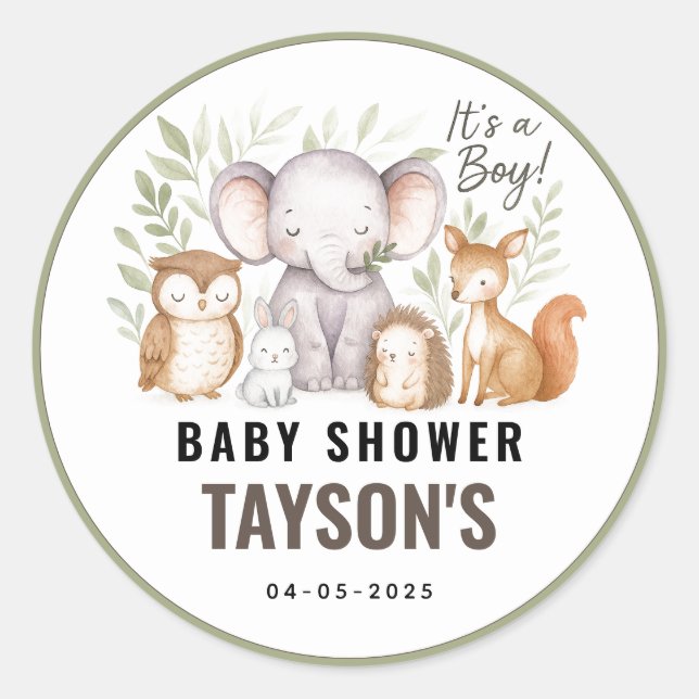 Modern Woodland Animals Forest Boy Baby Shower Runder Aufkleber (Vorderseite)