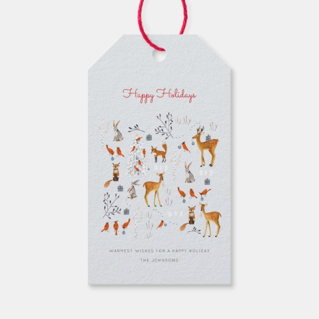 Modern Woodland, blau & rot Tiere, Baum & Vögel Geschenkanhänger (Rückseite)