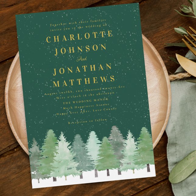 Modern Woodland Forest Green Gold Winter Hochzeit Einladung (Modern elegant watercolor Woodland forest green winter wedding invitation)