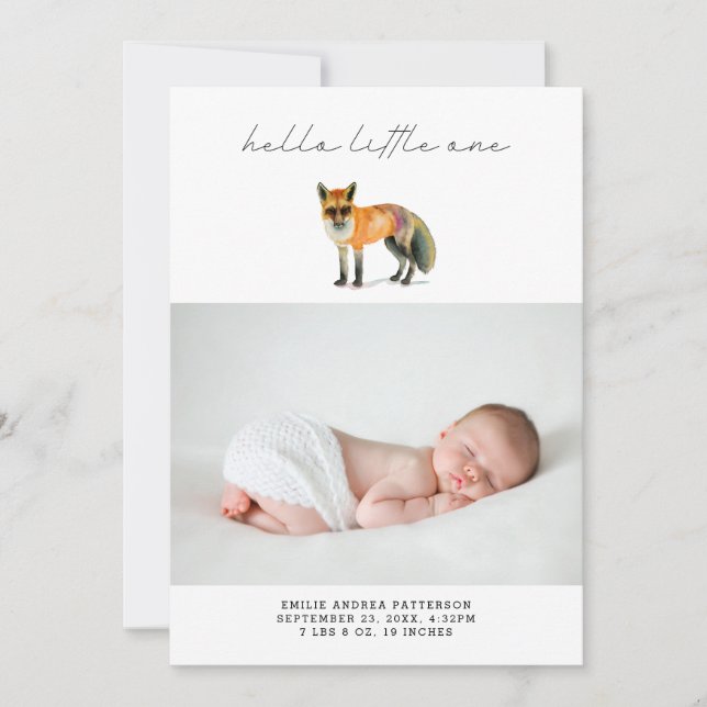 Modern Woodland Fox Birth Announcement Foto Card Einladung (Vorderseite)