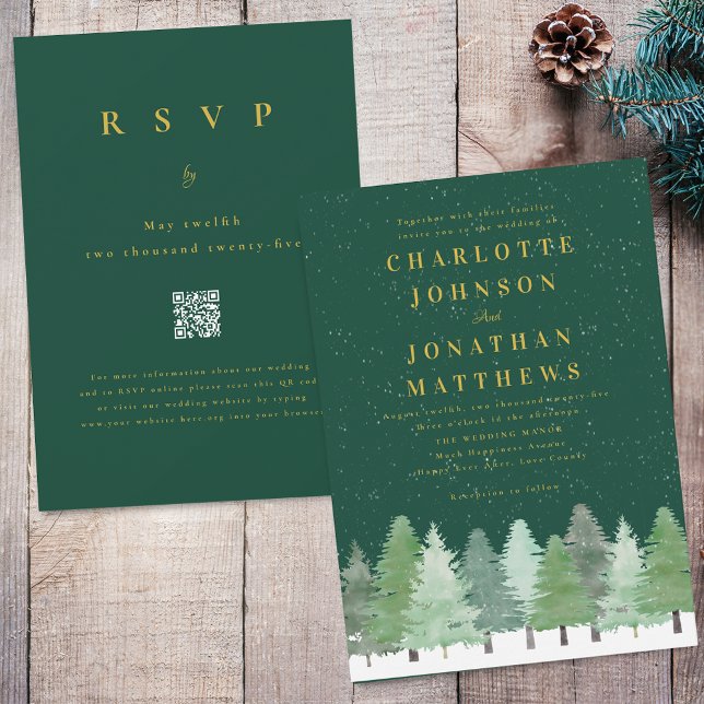Modern Woodland Green Gold QR Code Winter Wedding Einladung (Modern Woodland forest dark green and gold wedding qr code invitation)