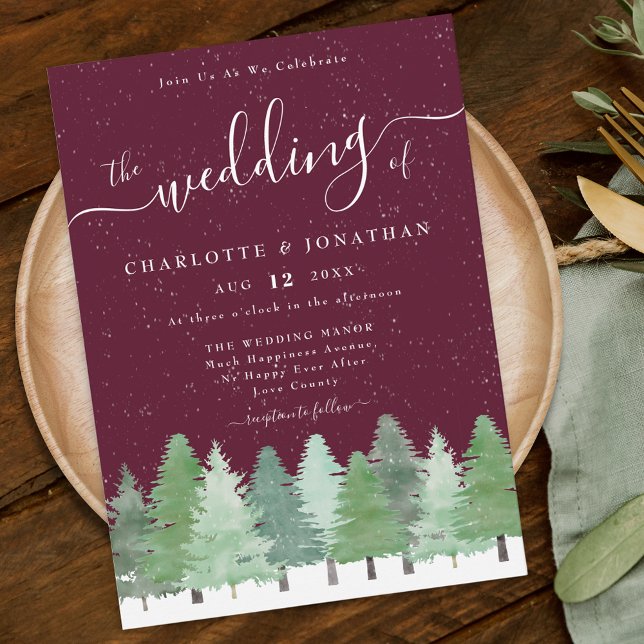 Modern Woodland Rustic Burgund Winter Wedding Einladung (Rustic elegant watercolor snowy evergreen Woodland forest burgundy winter wedding invitation)