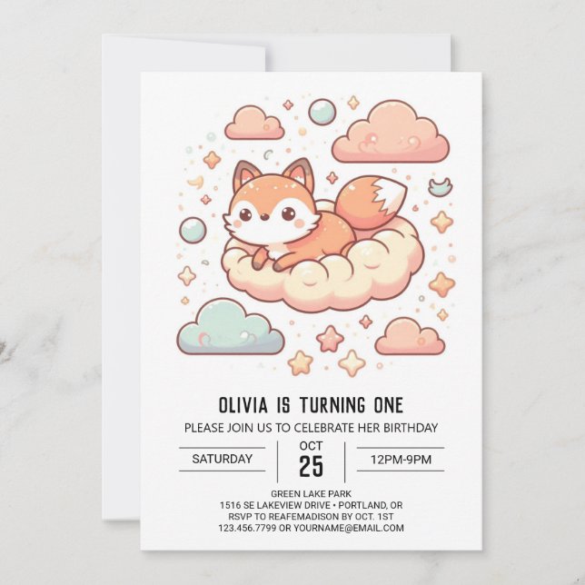 Modern Woods Fox 1. Geburtstag Einladung (Vorderseite)