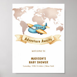 Modern World Map Airplane Boy Baby Shower Welcome Poster