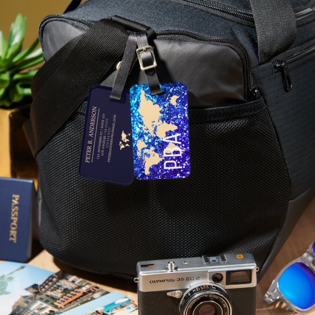 Modern World Traveller Map Glitzer Mit Monogramm N Gepäckanhänger (Vorderseite & Rückseite)