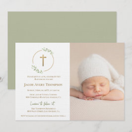 Modern Wreath Gold Cross Baby baptism Photo green Einladung