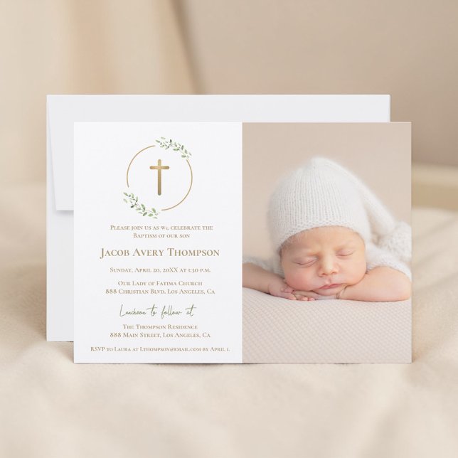 Modern Wreath Gold Cross Baby baptism Photo green Einladung (Customizable photo baptism with gold cross, and greenery wreath)