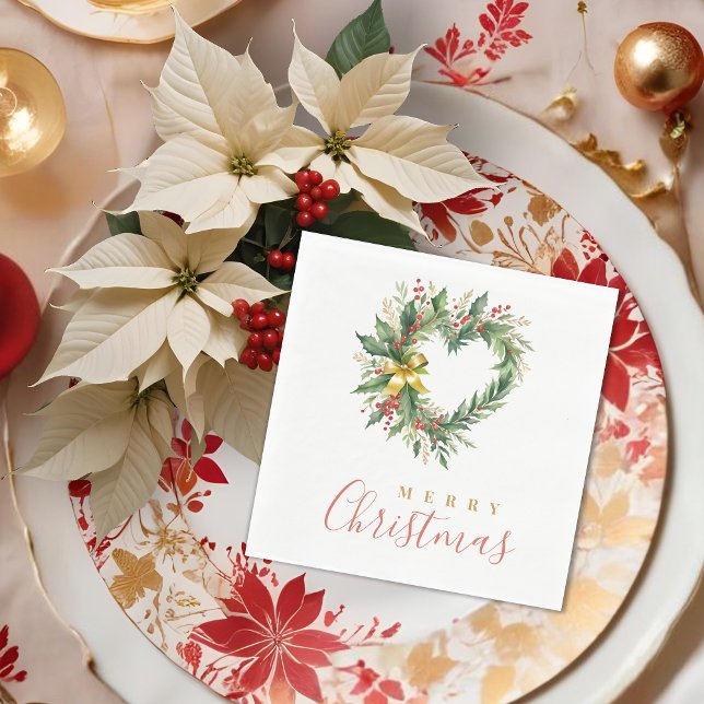 Modern Wreath Heart-Shape Merry Christmas Script Serviette (Modern Wreath Heart-Shape Merry Christmas Poinsettias Script Typography Holidays Napkins.)