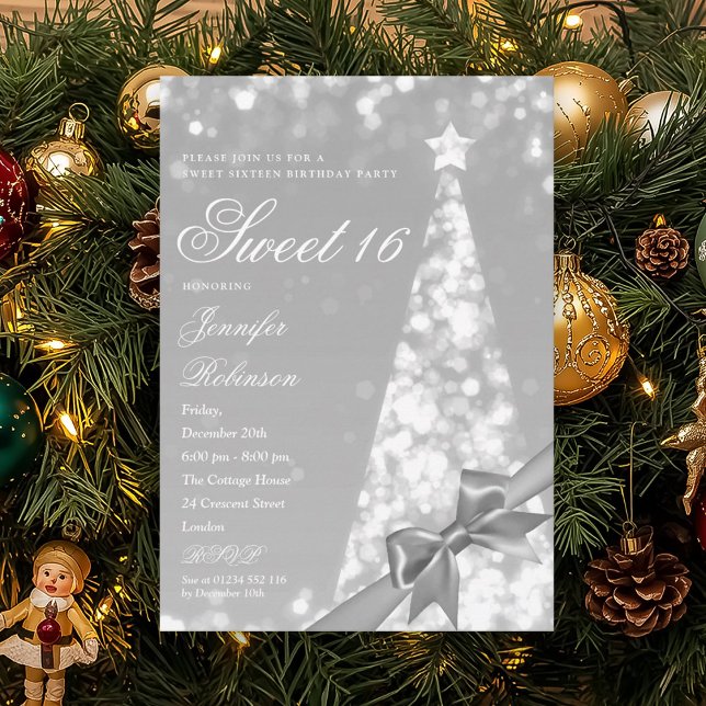 Modern Xmas Tree Ribbon Sweet 16 Birthday Party Einladung (Modern Xmas Tree Ribbon Sweet 16 Birthday Party Invitation)