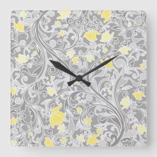 Modern Yellow and Gray Swirly Floral Quadratische Wanduhr