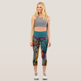 Modern Yellow, Blue and Black Lacy Leaf  Capri Leggings