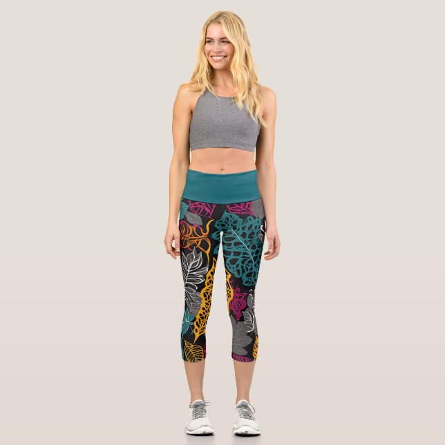 Modern Yellow, Blue and Black Lacy Leaf  Capri Leggings (Vorderseite)