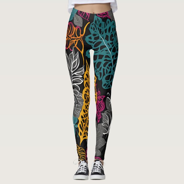 Modern Yellow, Blue and Black Lacy Leaf  Leggings (Vorderseite)