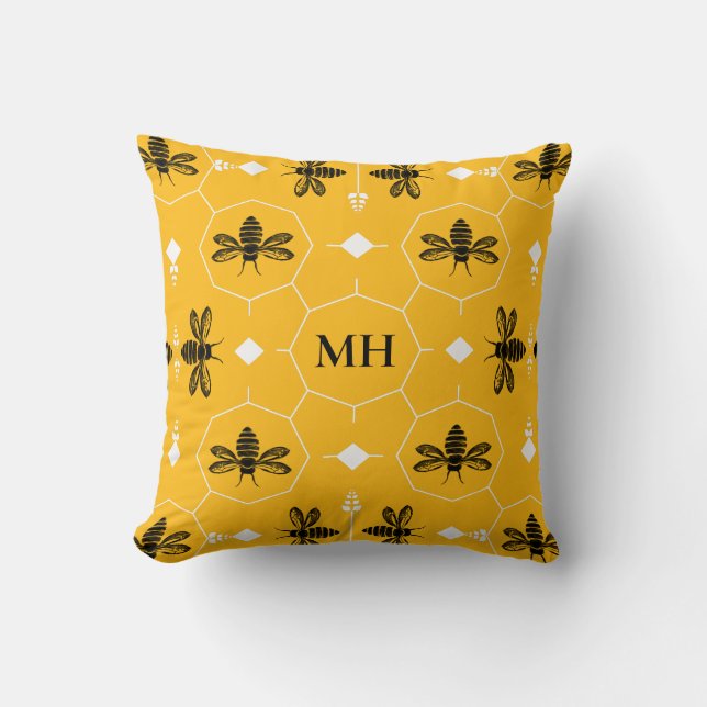 Modern Yellow Elegant Black Bee Pattern Monogram Kissen (Vorderseite)
