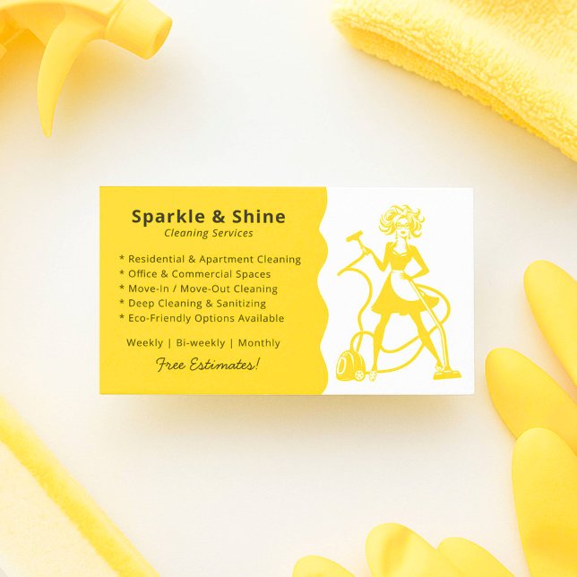 Modern Yellow Housekeeper Maid Cleaning Service  Visitenkarte (Von Creator hochgeladen)