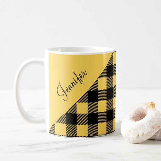 Modern Yellow Kariert Karo Pattername Kaffeetasse (Mit Donut)