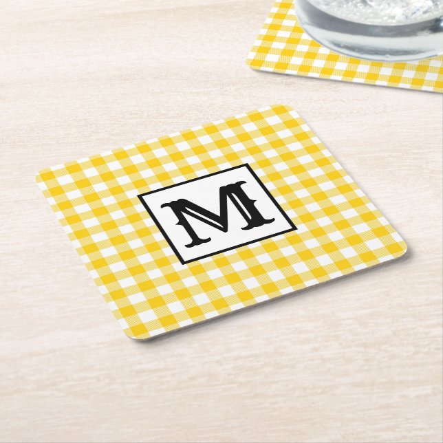 Modern Yellow Kariert Monogram Rechteckiger Pappuntersetzer (angewinkelt)