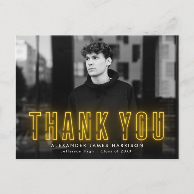 Modern Yellow Neon Foto Graduation Thank You Postkarte (Vorderseite)