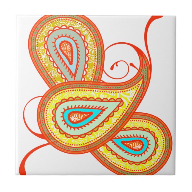 Modern Yellow Orange Aqua Mint Paisley Geschenke Fliese (Vorderseite)