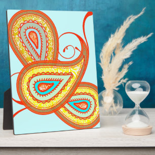 Modern Yellow Orange Aqua Mint Paisley Geschenke Fotoplatte