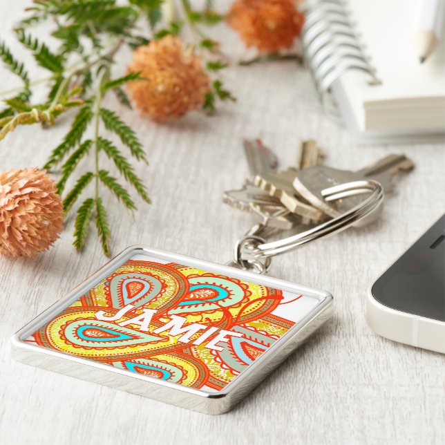 Modern Yellow Orange Aqua Mint Paisley Geschenke Schlüsselanhänger (Seite)