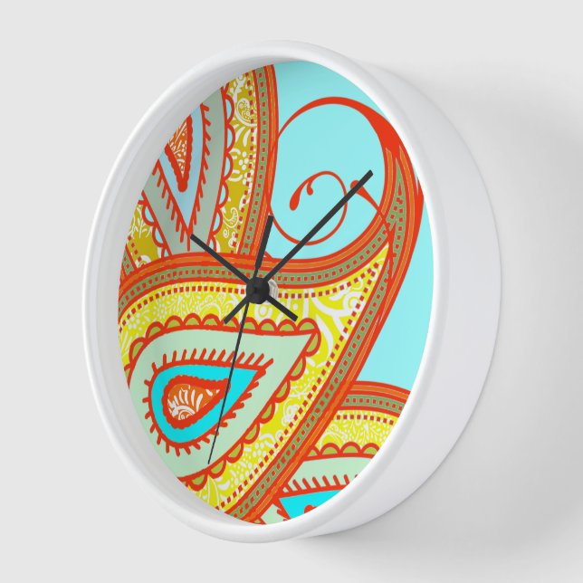 Modern Yellow Orange Aqua Mint Paisley Geschenke Wanduhr (Winkel)