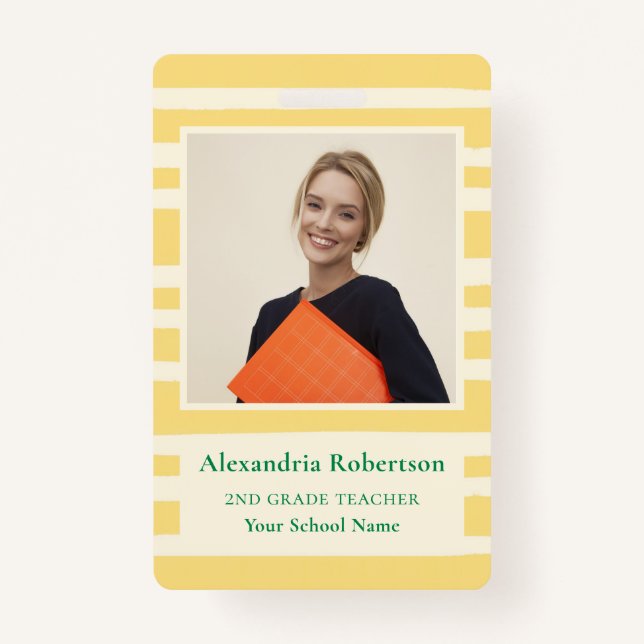 Modern Yellow Stripes Teacher Photo ID Badge Ausweis (Vorderseite)