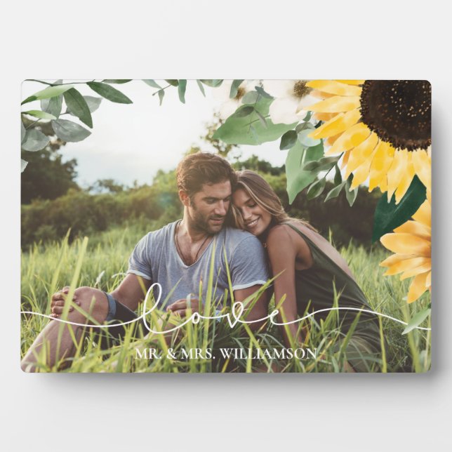 Modern Yellow Watercolor Sunflowers Photo Wedding Fotoplatte (Vorderseite)
