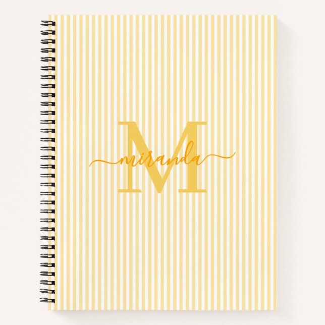 Modern Yellow & White Stripes Monogram Name Notizbuch (Vorderseite)
